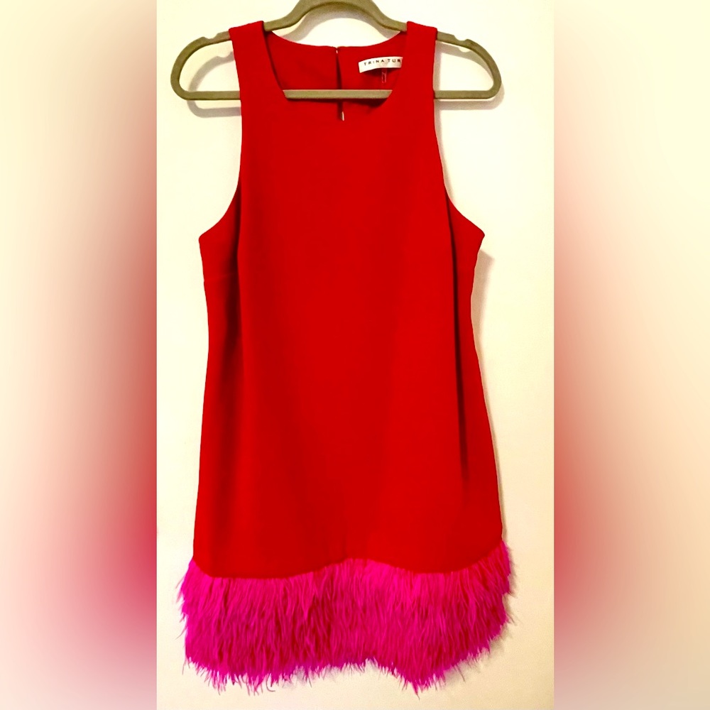 Best dress ever! Size 12 red Trina Turk shift with hot pink feathers